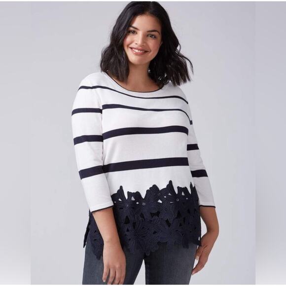 Lane Bryant Floral Applique Lace Hem 3/4 Sleeve Navy Stripe White Sweater 14/16 - Picture 1 of 10